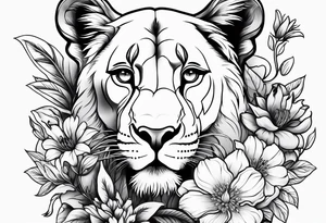 Birth flower tattoo with lioness and cubs tattoo idea