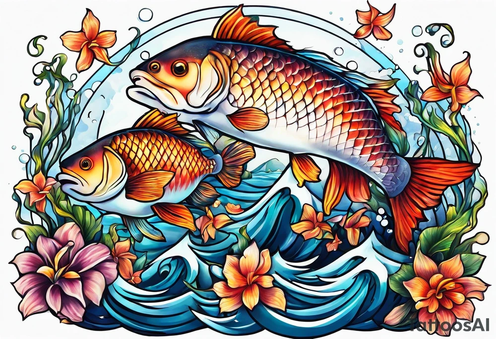 sea, night, flower, fish tattoo idea