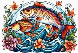 sea, night, flower, fish tattoo idea