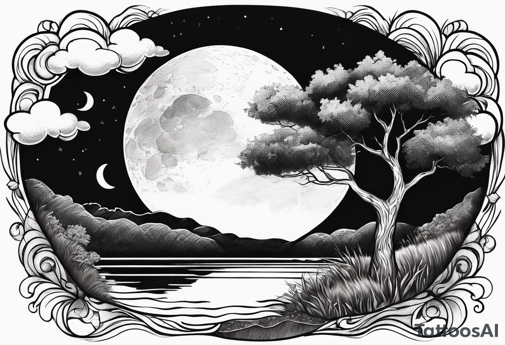 lake and tree shadow with moon and clouds tattoo idea