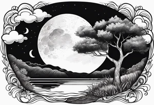 lake and tree shadow with moon and clouds tattoo idea