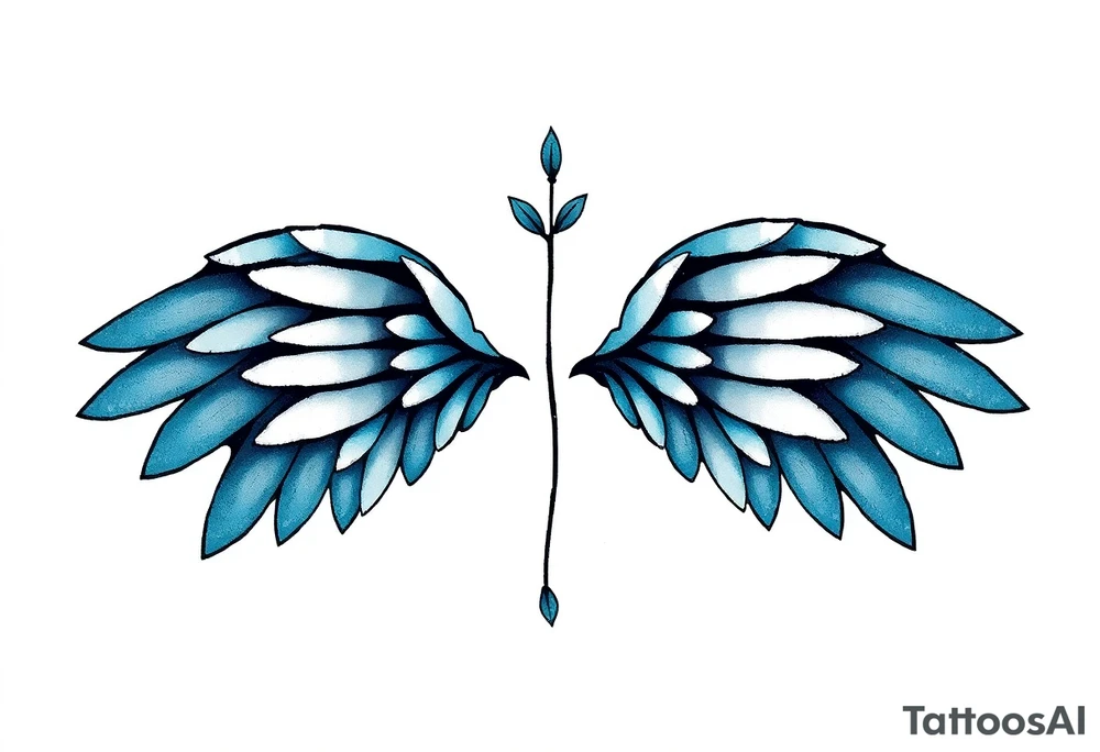 A minimalist wings tattoo that represents a shattered and betrayed gemini woman who fought hard throughout this year. With colors blue and black. Make it unique and rare. Without leaves and stem. tattoo idea