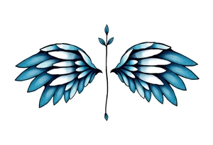 A minimalist wings tattoo that represents a shattered and betrayed gemini woman who fought hard throughout this year. With colors blue and black. Make it unique and rare. Without leaves and stem. tattoo idea