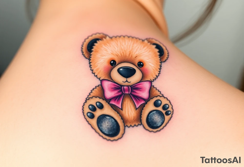 realistic tan teddy bear with black paws and a pink bow around its neck tattoo idea