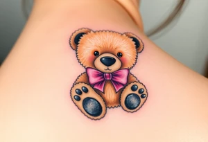 realistic tan teddy bear with black paws and a pink bow around its neck tattoo idea