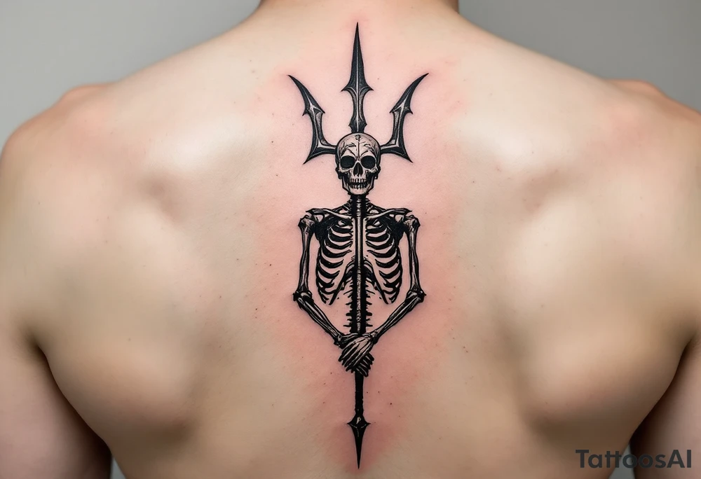 skeleton behind trident tattoo idea