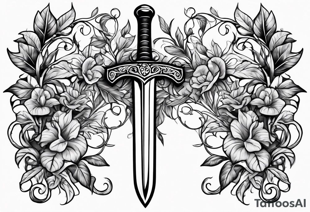 Leafy vines with sword tattoo idea