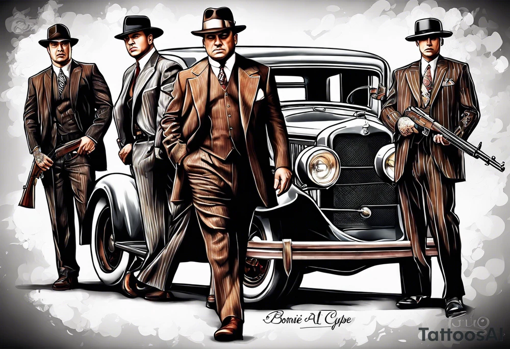 group of gangsters  with bonnie & clyde with Al Capone and machine gunns with smoke and fire tattoo idea