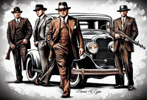 group of gangsters  with bonnie & clyde with Al Capone and machine gunns with smoke and fire tattoo idea