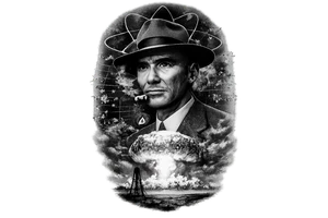 Design a highly detailed black-and-grey realism tattoo of J. Robert Oppenheimer, vertical composition for an upper arm/forearm tattoo. Oppenheimer is shown from the chest up in his iconic 1940s suit and fedora, gaunt face, intense distant expression, cigarette smoke curling around him. Behind his portrait is the Trinity atomic bomb test exploding over the New Mexico desert, with a massive mushroom cloud glowing white at the center and fading into dark smoke. Integrate a subtle atomic orbital symbol behind his head like a halo, thin handwritten theoretical physics equations, nuclear fission diagrams, and faint blueprint-style schematics of the Trinity bomb throughout the background. At the bottom, show a lonely desert test tower silhouetted against the blast. Hide a small Los Alamos security badge or Manhattan Project symbol within the composition. Dramatic chiaroscuro lighting, extremely high contrast, deep blacks, smooth greywash shading, realistic skin texture, vintage 1940s atmosphere, haunting and intellectual rather than cartoonish. Tattoo-ready design, clean silhouette, readable from a distance, strong focal hierarchy, negative space between elements, no rectangular background, elements naturally fading into skin, professional award-winning tattoo design, black ink and greywash only, hyper-detailed engraving mixed with photorealism. tattoo idea