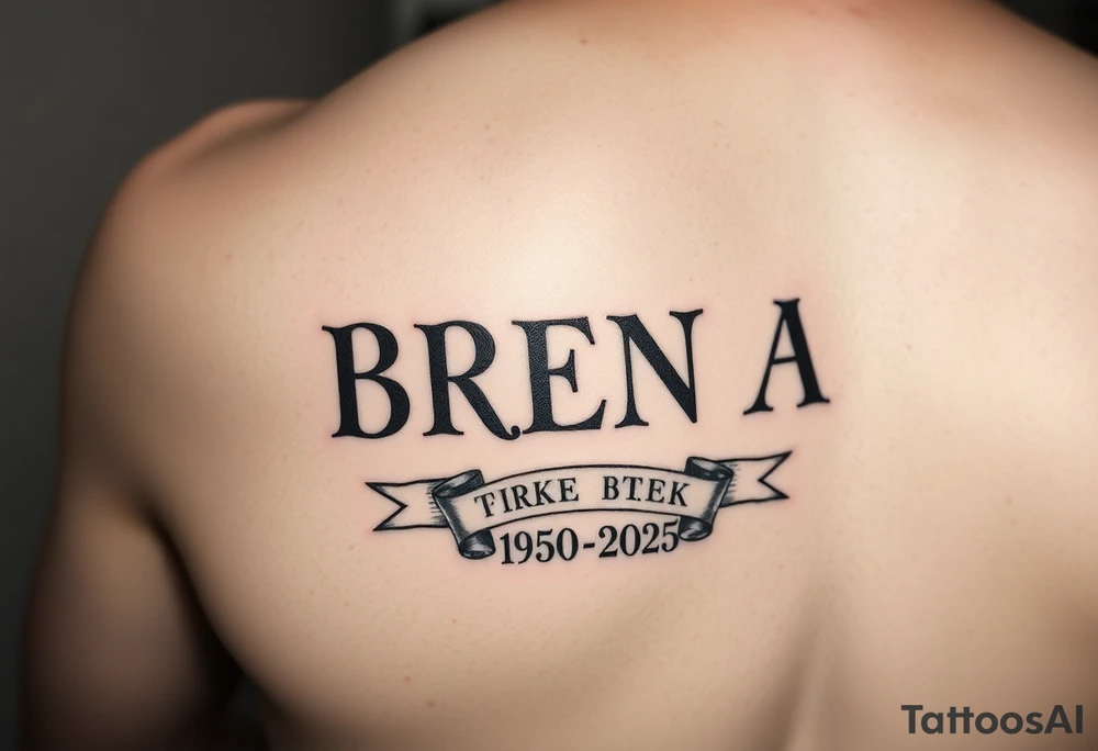 "B
R
E
N
D
A" going down arm one letter on top the other
 WITH RIBBONS UNDERNEATH SHOWING 1950-2025 tattoo idea