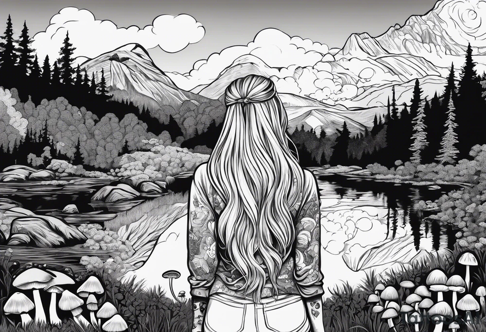 Whole picture encircled fully

Straight long blonde hair hippie girl in distance holding mushrooms in hand facing away toward mountains and creek surrounded by mushrooms long sleeve shirt and hiking pants; whole rendering within a full circle, no cut off circle tattoo idea