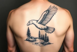 Eagle flying and a horse drinking from a river with some trees tattoo idea