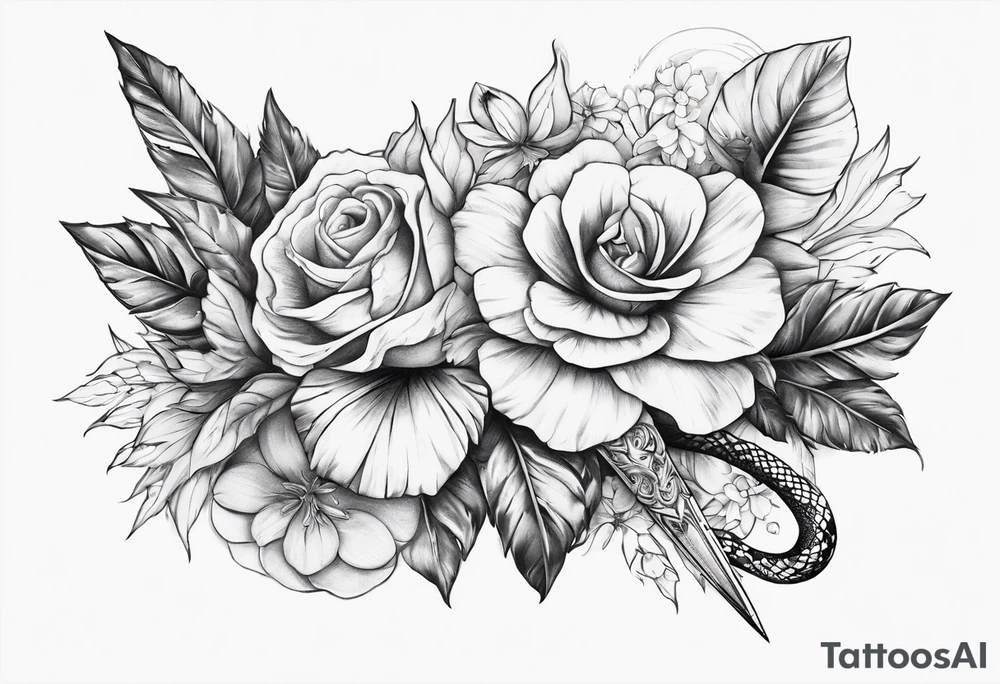 Dagger with snake and floral wrapped around tattoo idea