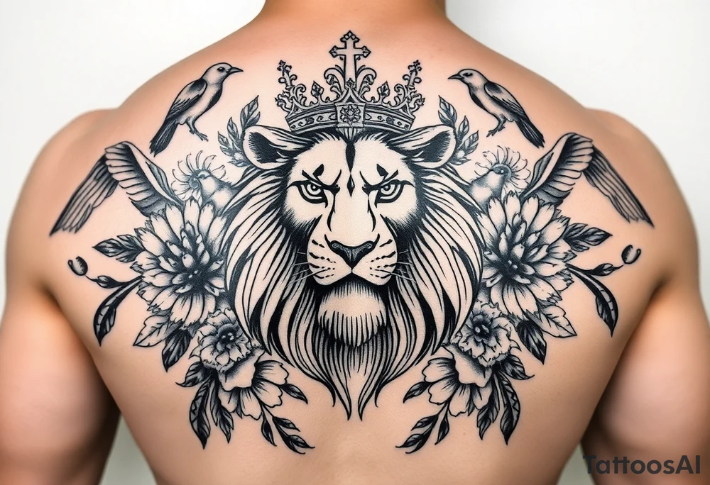 powerful majestic lion with a crown, surrounded by floral ornaments and birds tattoo idea