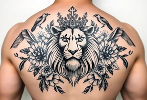 powerful majestic lion with a crown, surrounded by floral ornaments and birds tattoo idea