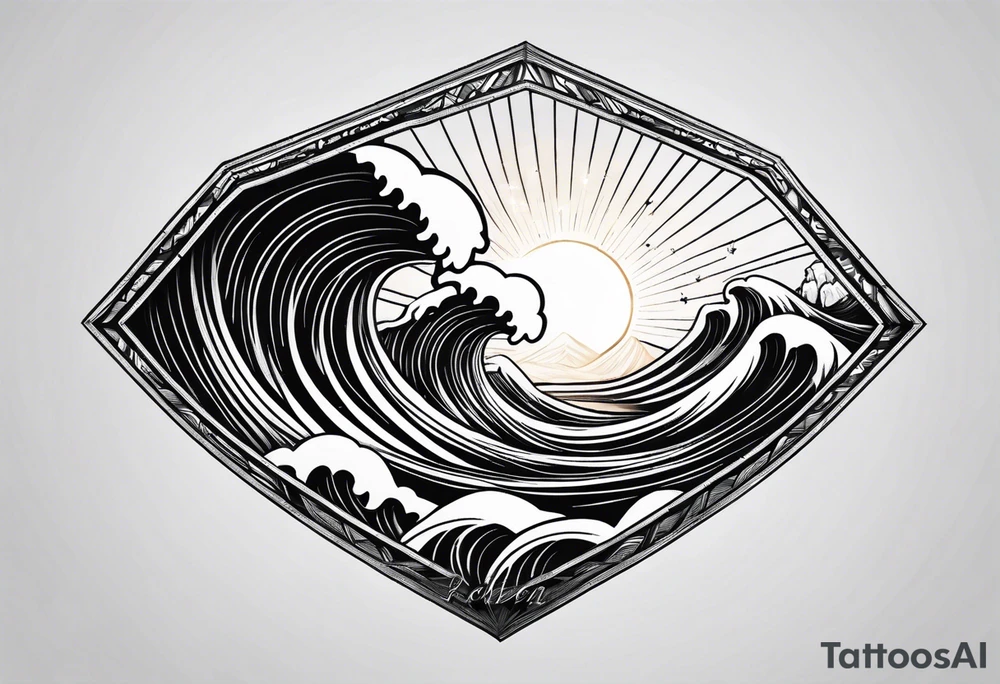 Simple ocean wave inside of a diamond with sun inside as well tattoo idea
