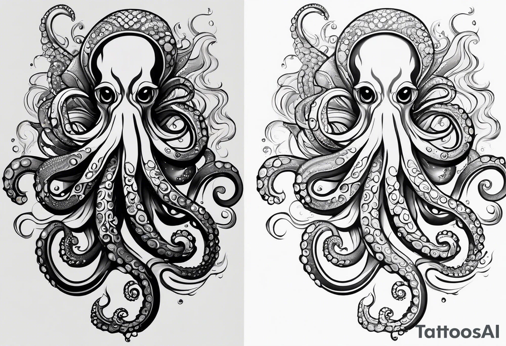 Tribal half sleeve. octopus surrounded by ribbons of water waves filled with fish. the octopus has no eyes. Use thick lines only with less detail. tattoo idea