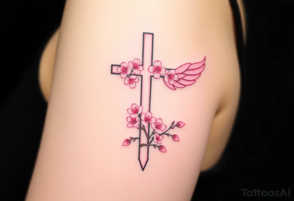 A cross with cherry blossoms growing along its frame, with delicate pink and white feathery wings tattoo idea