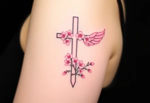 A cross with cherry blossoms growing along its frame, with delicate pink and white feathery wings tattoo idea