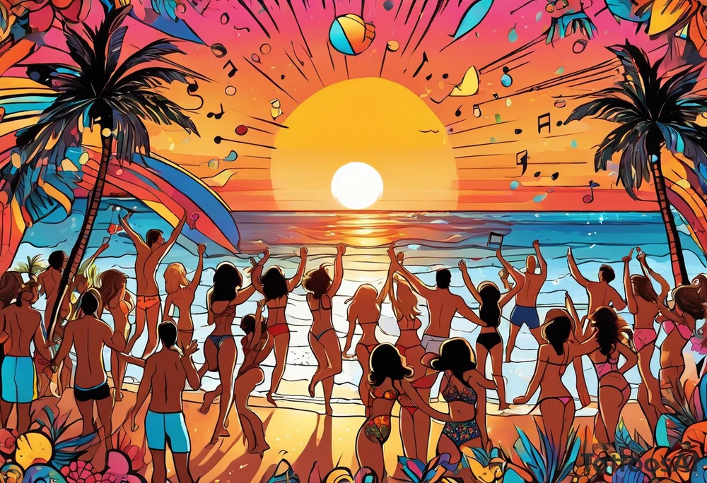 1970'S BEACH DANCE PARTY 
party, include confetti, music notes, 
, bikinis sunset in the center tattoo idea