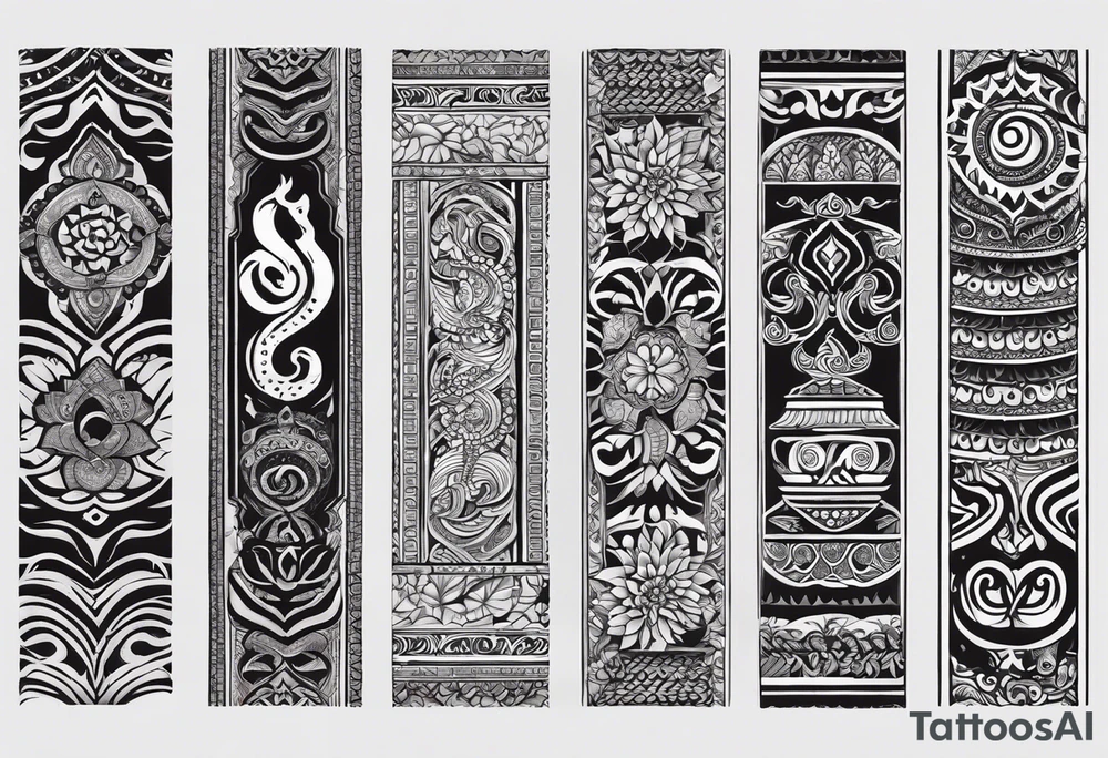 Hindu Sanskrit tribal design on right lower leg, below knee to top of feet for men. No too dark and more thicker lines. Include ancient Hindu animals, like Navagunjara, elephants, naina snake 5 heads. tattoo idea