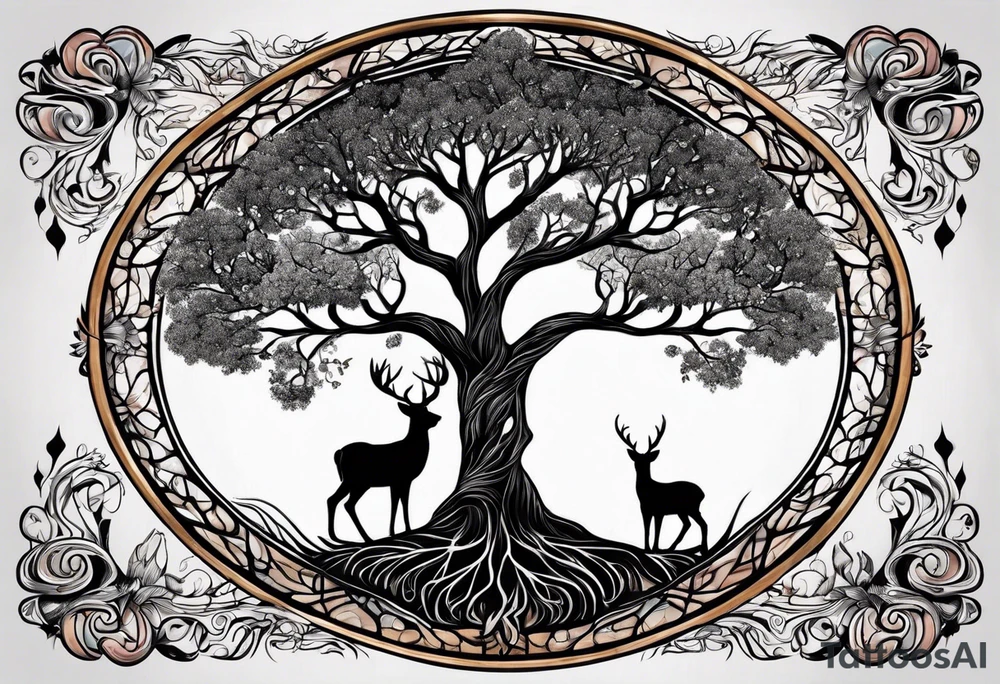 tree of life with root drawing a deer tattoo idea