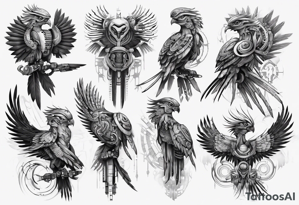 Cyberpunk Guatemalan Quetzal tattoo idea