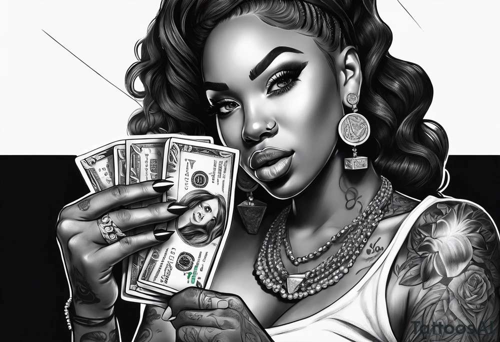 black woman bitting money dice cards whiskey tattoo idea