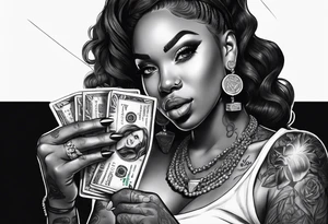 black woman bitting money dice cards whiskey tattoo idea