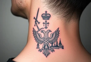 St. George slaying the dragon (hugely common in Russian Orthodox art)
Russian imperial crown above the eagle
Crossed swords or a Russian sabre
The Kremlin or St. Basil's Cathedral scene tattoo idea