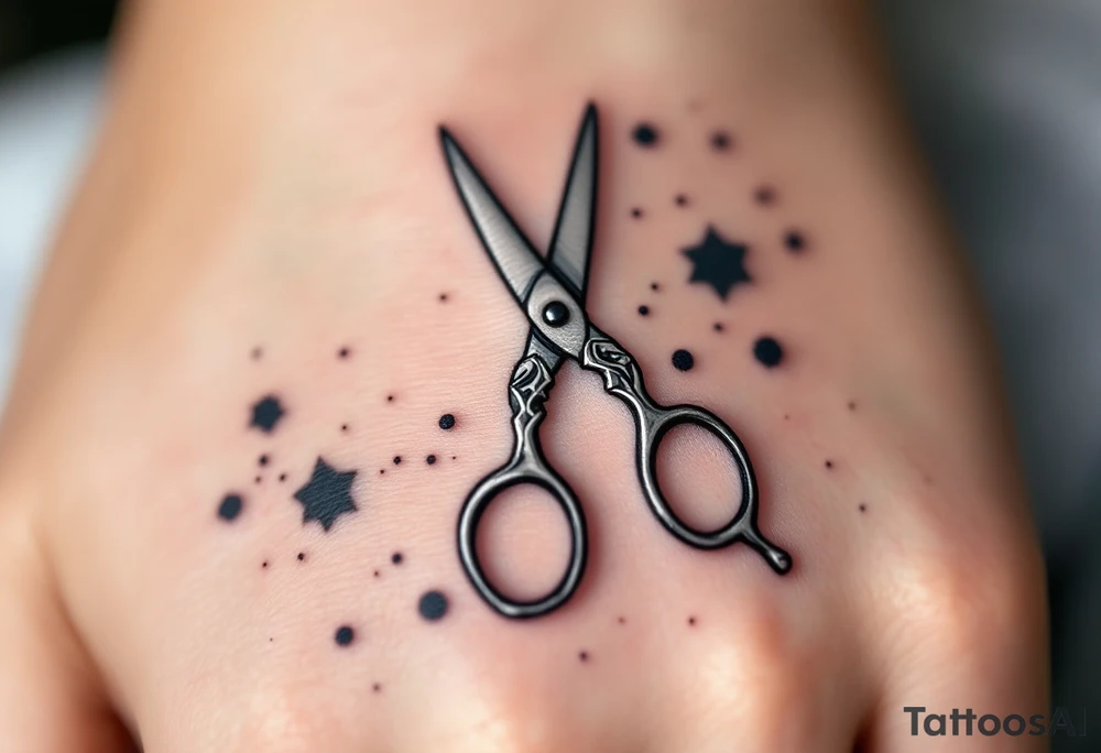 Tattoo Artist's Scissors Tattoo – A tattoo artist's tool—silver scissors with black ink spots scattered around them, incorporating dark gray and black tones, symbolizing the tools of the trade and creative expression. tattoo idea