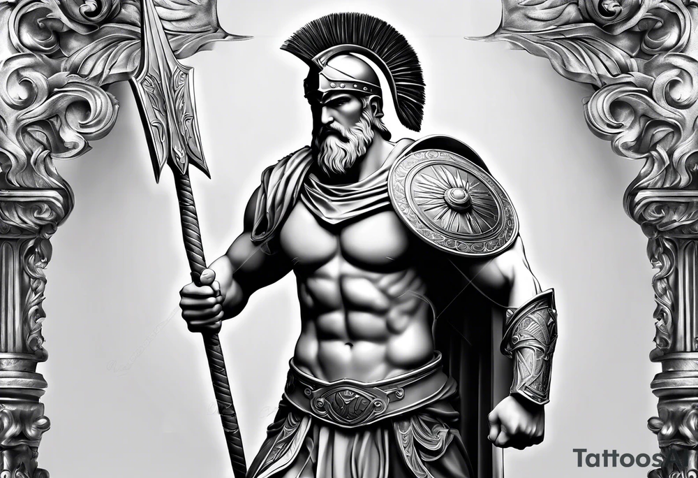 Ares greek God, holding his spear and shield tattoo idea