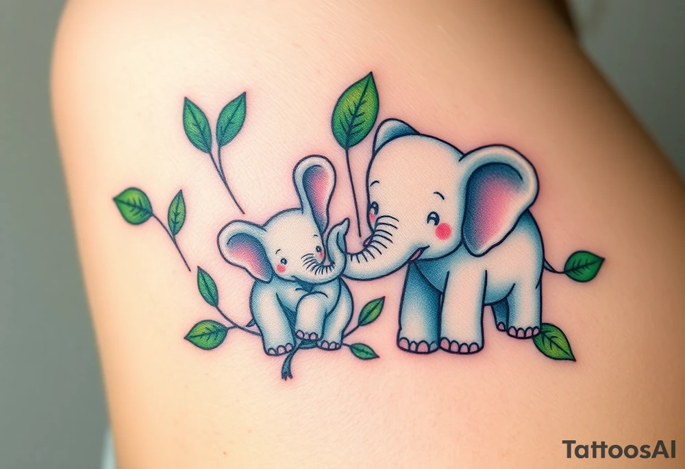 Two elephants while one is a baby elephant, the second is elephant mother. Baby elephant is holding its mother trunk, surrounded by soft green leaves and warm earth tones, symbolizing guidance and protection tattoo idea