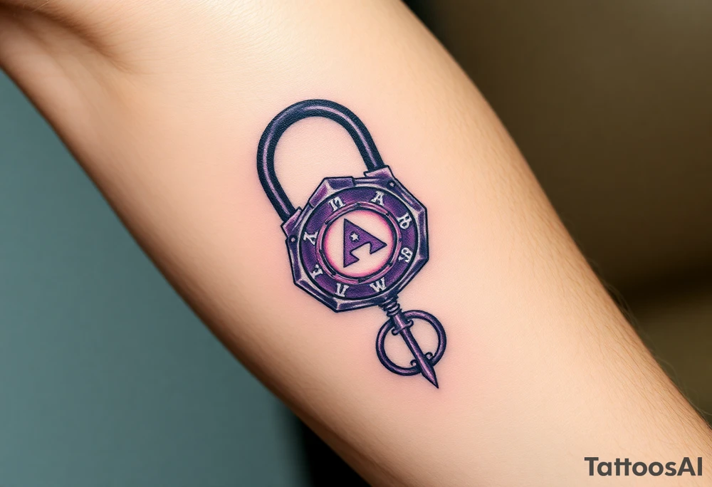 A deep purple crystal lock with glowing runes, and a crescent moon-shaped key radiating a mystical aura tattoo idea