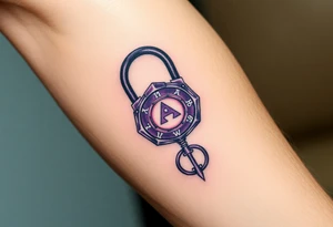 A deep purple crystal lock with glowing runes, and a crescent moon-shaped key radiating a mystical aura tattoo idea