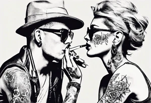 Image with one man and one woman, both without hats and glasses. A man with earrings in his ears stands smoking a cigarette, a woman sits with her legs wide apart tattoo idea