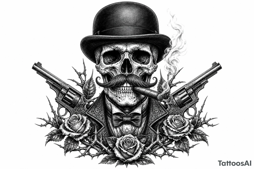 Gothic skull in bowler hat, handlebar mustache, holding smoking cigar, antique revolvers at sides, thorny roses. tattoo idea