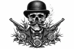 Gothic skull in bowler hat, handlebar mustache, holding smoking cigar, antique revolvers at sides, thorny roses. tattoo idea