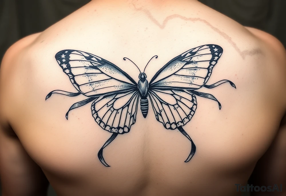 ethereal butterfly with flowing silk ribbons in moonlight tattoo idea