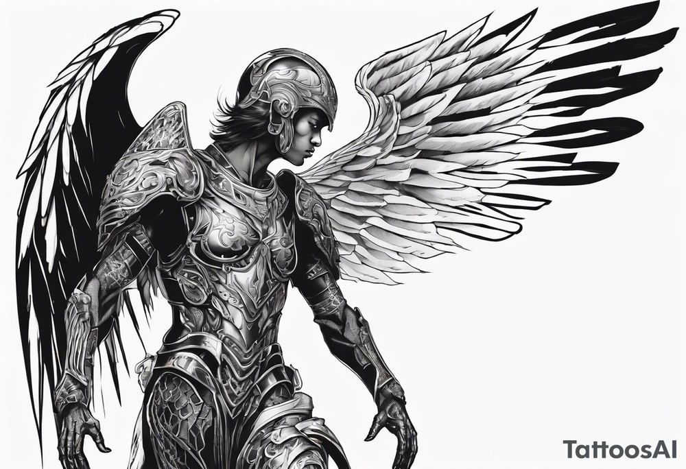 Side view of an black angel wearing inorganic armor that is in mid-air ready to attack tattoo idea