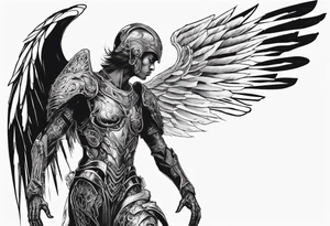 Side view of an black angel wearing inorganic armor that is in mid-air ready to attack tattoo idea
