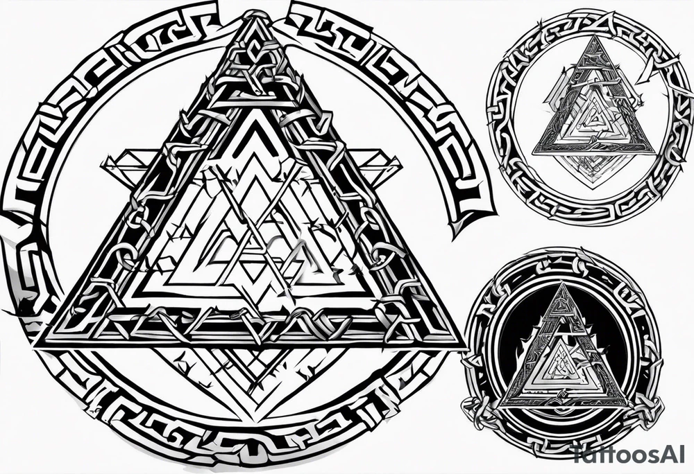 Valhalla sword shield axe barbed wire chains valknut tattoo idea