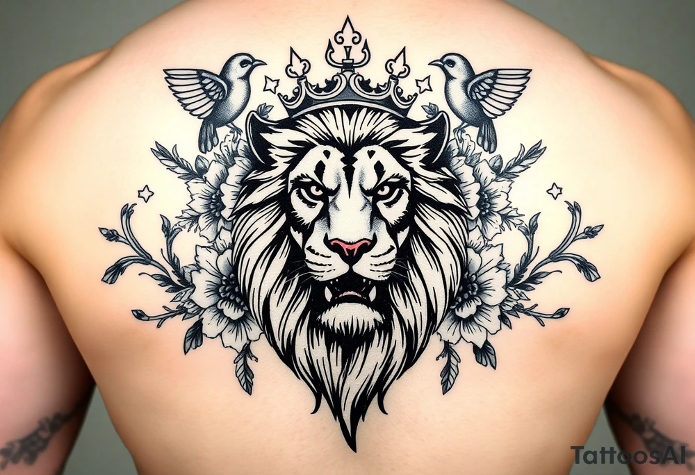 powerful majestic lion with a crown, surrounded by floral ornaments and birds tattoo idea