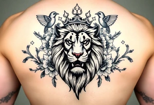 powerful majestic lion with a crown, surrounded by floral ornaments and birds tattoo idea