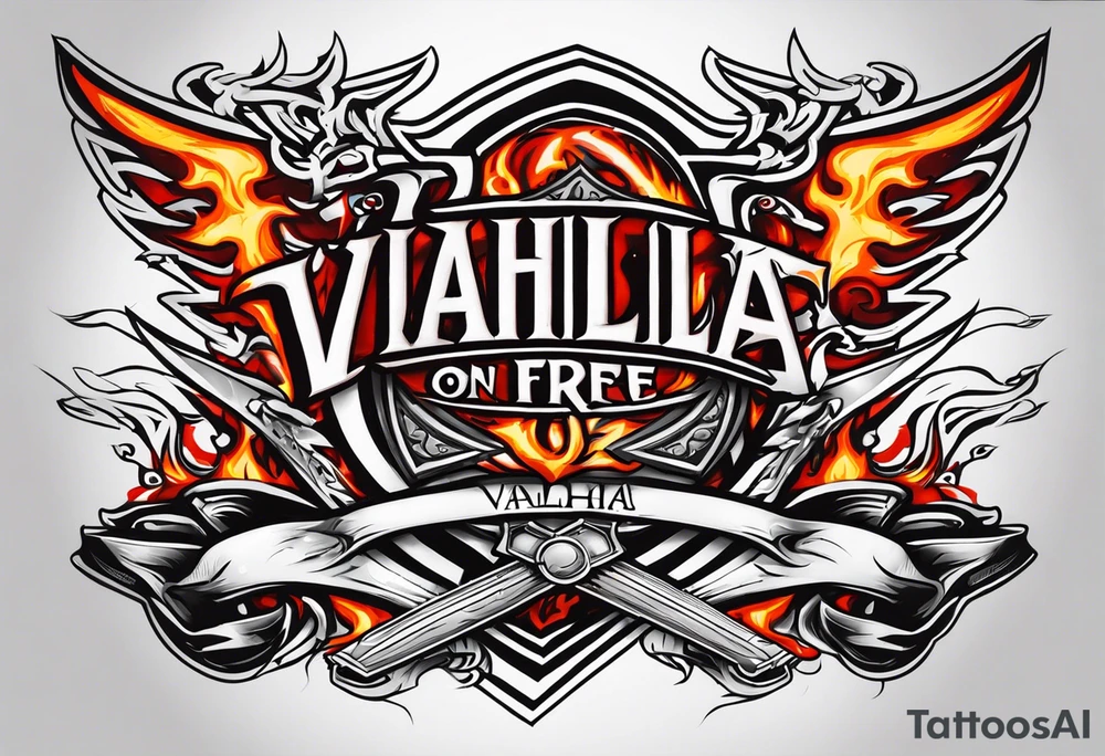 Valhalla on fire shield sword tattoo idea
