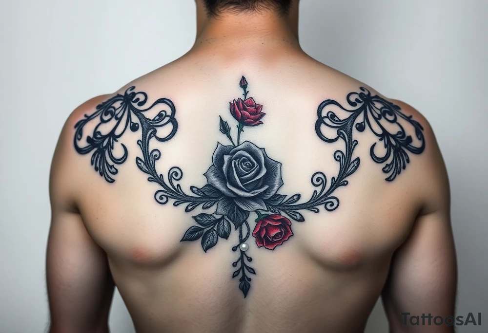 Black and red lace with pearls and rose tattoo for chest. Make elegant tattoo idea