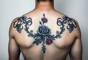 Black and red lace with pearls and rose tattoo for chest. Make elegant tattoo idea