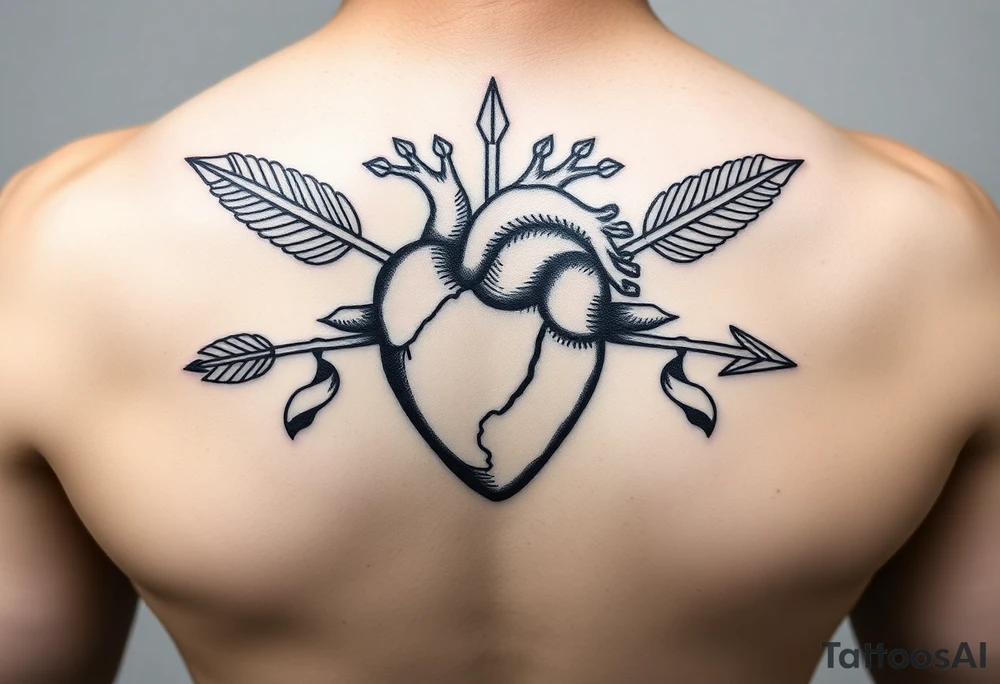 anatomical heart pierced by ornate arrow with flowing ribbons tattoo idea