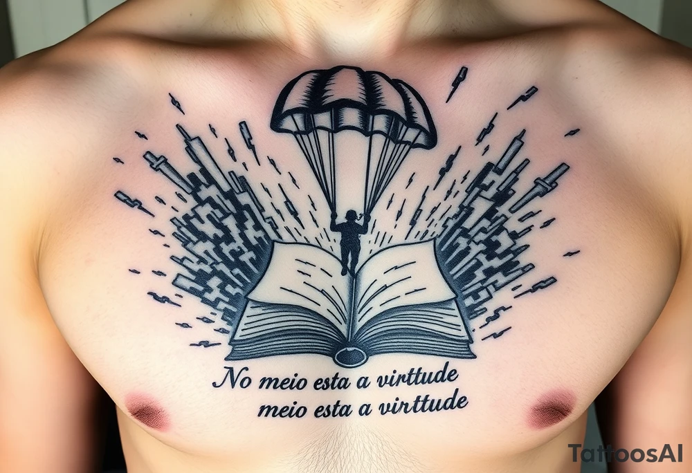 A parachuting soldier landing into an open book. Chaos surrounding, but the book is protecting the soldier from it. On the chest. Make it smaller. Make it thought provoking. "No meio esta a virtude" underneath the book. Make the chaos in the environment be a thunderstorm tattoo idea